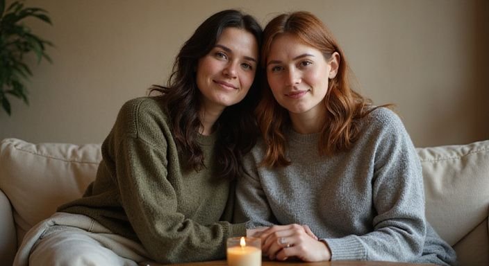 Twee vrouwen delen een intiem moment op een comfortabele bank. Twee vrouwen delen een intiem moment op een comfortabele bank tijdens hun Lesbische vrouwen sexdate.
