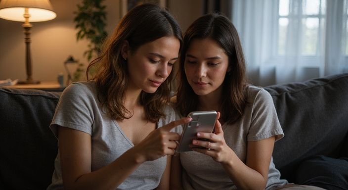 Twee vrouwen onderzoeken samen een dating-app op een smartphone. Twee vrouwen onderzoeken samen een dating-app op een smartphone.
