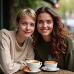 Twee jonge vrouwen genieten van koffie en croissants aan een café tafel
