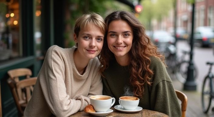 Twee jonge vrouwen genieten van koffie en croissants aan een café tafel