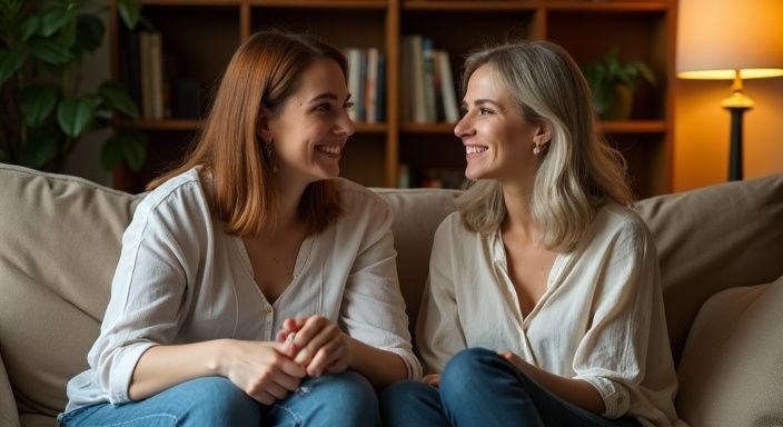 Twee vrouwen zitten gezellig op een bank en voeren een gesprek. Twee vrouwen zitten gezellig op een bank en voeren een gesprek over een lesbische vrouwen sexdate.