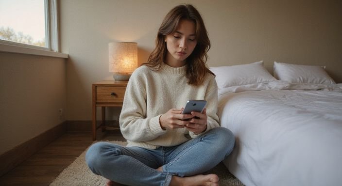 Een jonge vrouw zit op bed en scrollt op haar smartphone. Een jonge vrouw zit op bed en scrollt op haar smartphone.