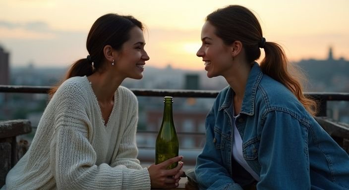 Twee vrouwen delen een fles wijn op een dakterras. Twee vrouwen delen een fles wijn op een dakterras.