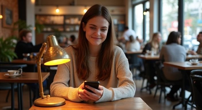 Een jonge vrouw glimlacht aan een houten café tafel. Een jonge vrouw glimlacht aan een houten café tafel.