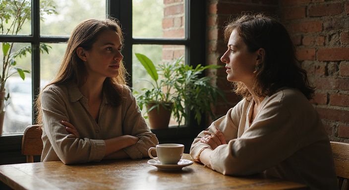 Twee vrouwen delen een intieme conversatie in een gezellig café. Twee vrouwen delen een intieme conversatie in een gezellig café.
