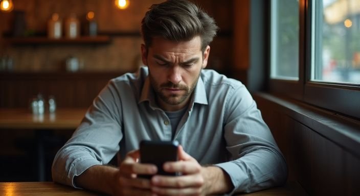 Een man in een café kijkt bezorgd naar zijn smartphone.