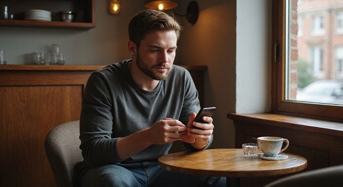 Een man zit alleen in een café, verdiept in zijn smartphone.