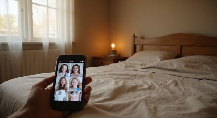 Een slaapkamer met een smartphone die een datingapp weergeeft