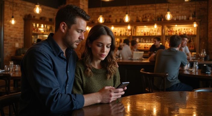 Een man en vrouw zitten samen op barstoelen, verdiept in hun telefoons en kijken naar advertenties van Mannen zoeken sexcontact.