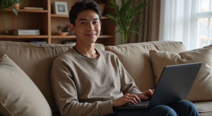 Een jonge volwassene lacht ontspannen op een beige bank met een laptop met advertenties voor Mannen zoeken sexcontact.