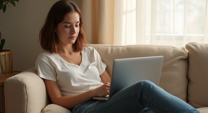 Een jonge vrouw zit ontspannen op een bank met een laptop.