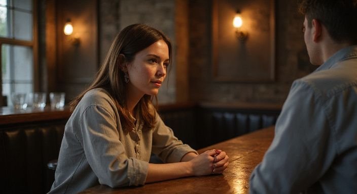 Een vrouw en een jongeman hebben een Milf sexdate aan de bar.