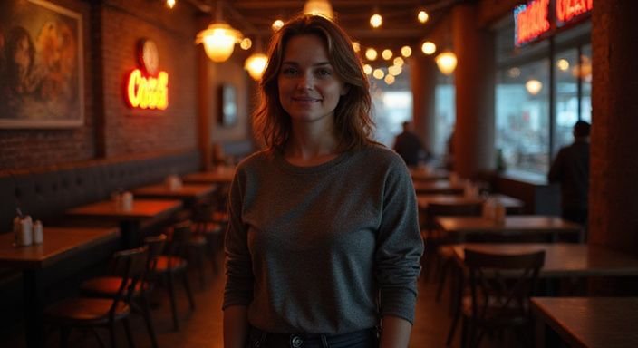 Een vrouw in een casual outfit staat in een club.