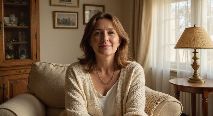 Een middelbare vrouw zit ontspannen in een gezellige woonkamer.