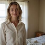 Spannende Milf sexdate: Ontmoet Geile Huisvrouwen en Moeders Anoniem Een ontspannen vrouw staat in een eenvoudig, sfeervol slaapkamerinterieur