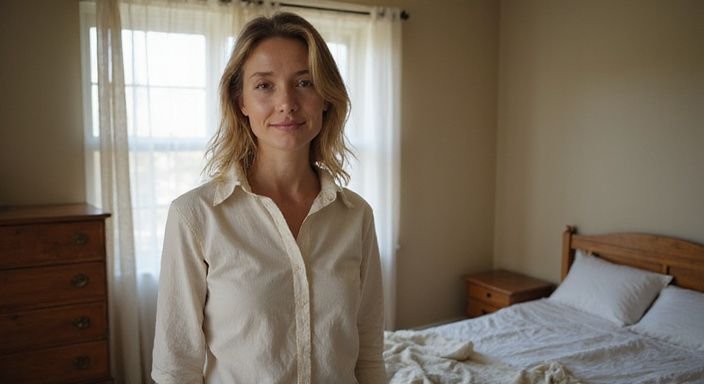 Een ontspannen vrouw staat in een eenvoudig, sfeervol slaapkamerinterieur