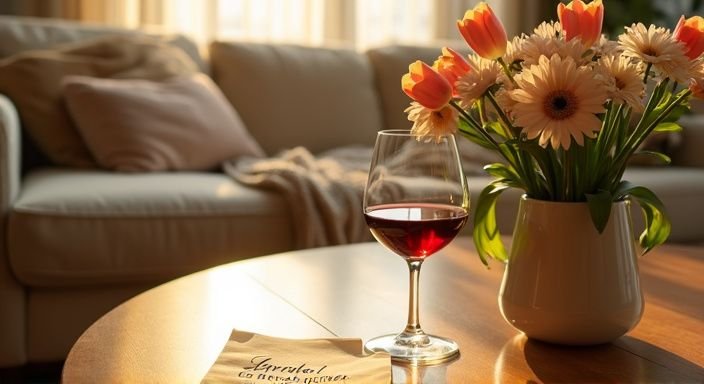 Een gezellige woonkamer met wijn, bloemen en handgeschreven brief.