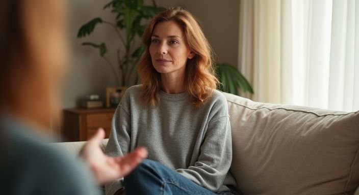 Een vrouw in een comfortabele sweater zit ontspannen op de bank.