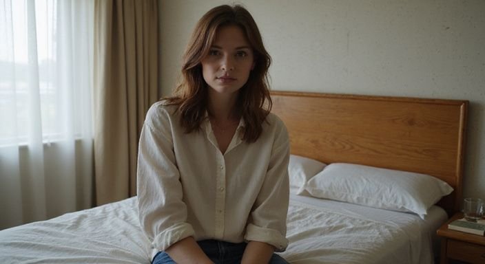 Een vrouw in gedachten zittend op het bed van een hotelkamer.