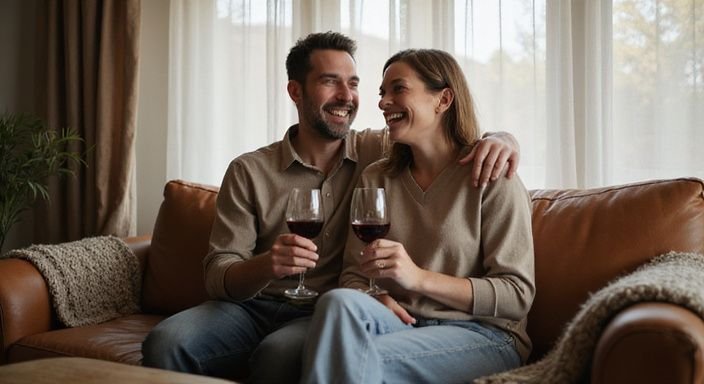 Een lachend stel geniet van elkaar op een comfortabele bank.