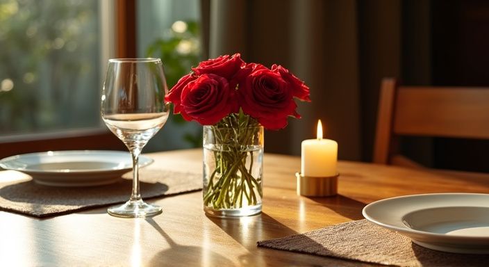 Een elegante eettafel met rode rozen en kristallen wijnglazen. Een elegante eettafel met rode rozen en kristallen wijnglazen.