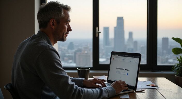 Een man werkt gefocust aan zijn laptop op een bureau. Een man werkt gefocust aan zijn laptop op een bureau.