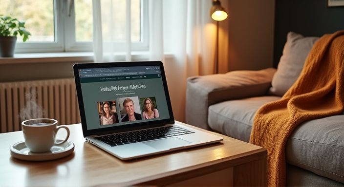 Gezellige woonkamer met een laptop, koffie en een wollen deken. Gezellige woonkamer met een laptop, koffie en een wollen deken.