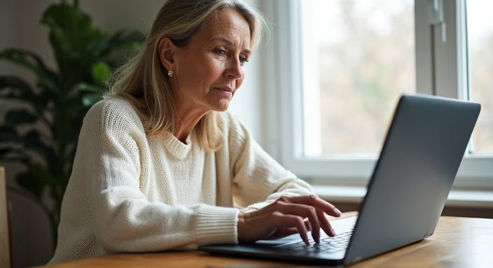 Een vrouw in de vijftig, geconcentreerd op een datingwebsite. Een vrouw in de vijftig, geconcentreerd op een datingwebsite wil een rijpe vrouwen sexdate.