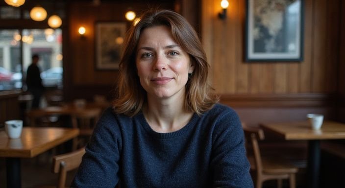 Vrouw in café, geconcentreerd in gesprek met natuurlijke ouderdomskenmerken