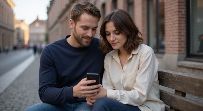 Een jong stel bekijkt samen sexcontact Antwerpen op een smartphone op een bank