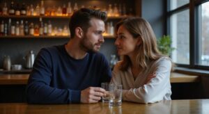 Een man en vrouw delen een intiem moment aan de bar