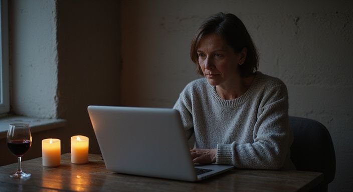 Een vrouw in een trui, geconcentreerd op haar laptop en wijn. Een vrouw in een trui zoekt op haar laptop naar sexcontact Antwerpen.