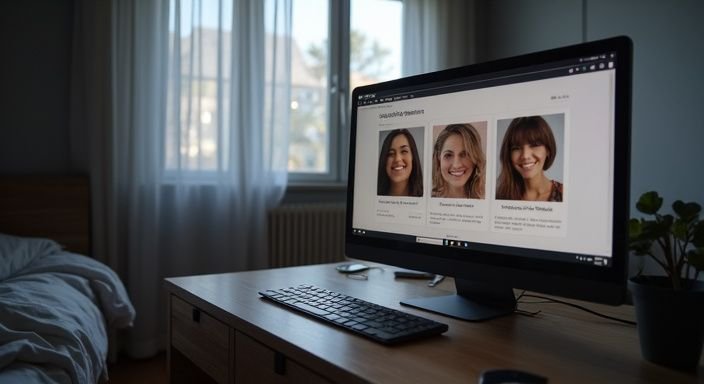 Een gezellige slaapkamer met een computer en datingprofielen op het scherm. Een gezellige slaapkamer met een computer en datingprofielen voor sexcontact Antwerpen op het scherm.