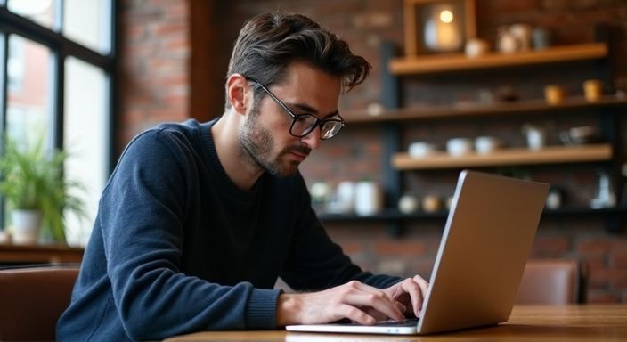 Een man in een koffiehuis bekijkt online datingprofielen op zijn laptop. Een man in een koffiehuis bekijkt online datingprofielen op zijn laptop.