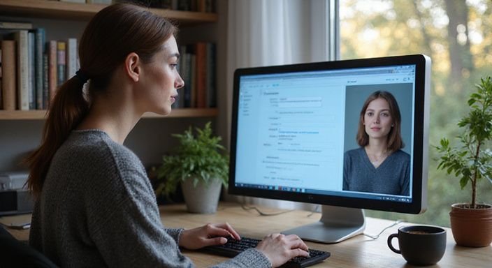 Een vrouw werkt geconcentreerd aan haar computer in een thuiskantoor. Een vrouw werkt geconcentreerd aan haar computer in een thuiskantoor.