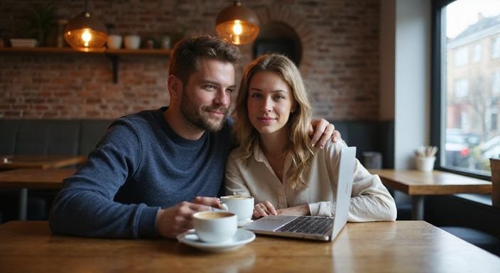 Een man en vrouw bespreken datingtips in een gezellig café. Een man en vrouw bespreken sexcontact Antwerpen in een gezellig café.