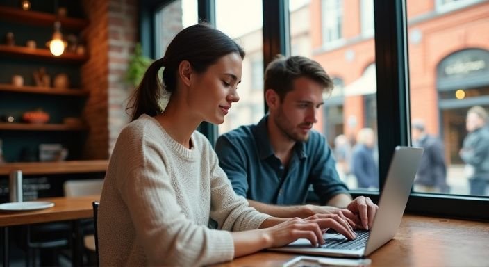 Een vrouw en man werken samen aan een laptop in een café. Een vrouw en man werken samen aan een laptop in een café.