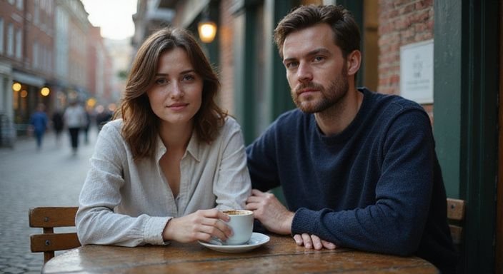 Een jong stel geniet van koffie aan een gezellig cafétalel. Een jong stel geniet van sexcontact Antwerpen aan een gezellig cafétalel.