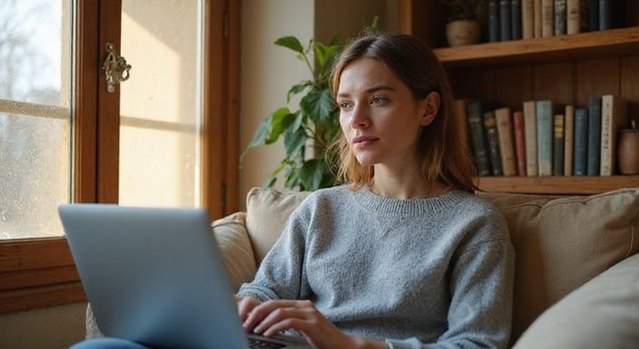 Een jonge vrouw zit op een bank met een laptop op schoot. Een jonge vrouw zit op een bank met een laptop op schoot.