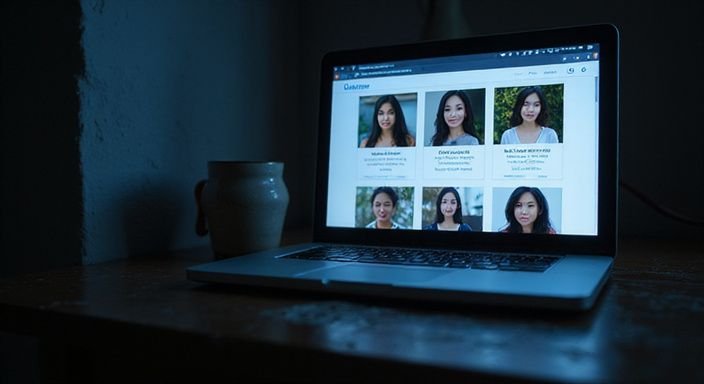 Een close-up van een laptop met profielen voor een sexdate met Aziatische vrouwen op een datingsite.