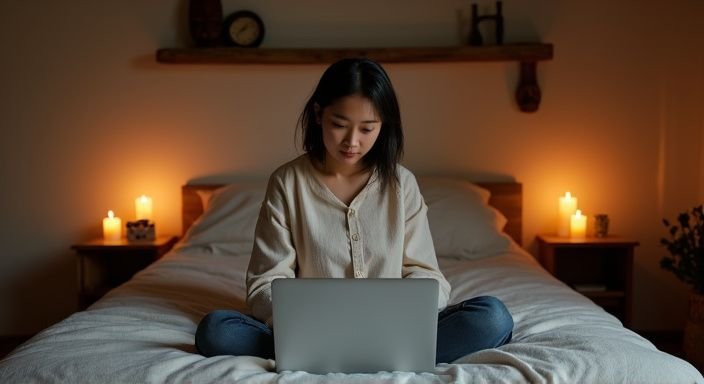 Een jonge vrouw zit op een bed met een laptop in een gezellige slaapkamer.