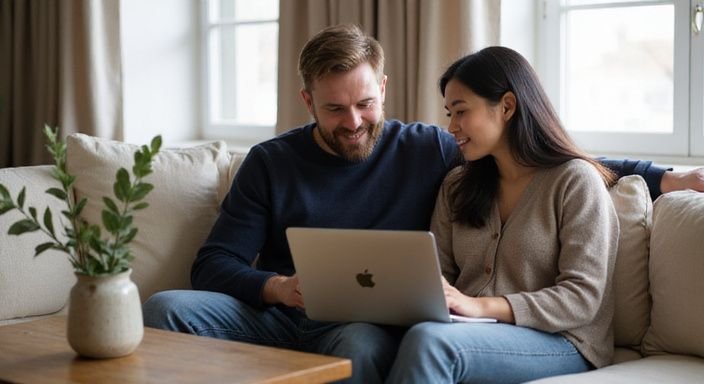 Een man en vrouw glimlachen samen naar een laptop op de bank.