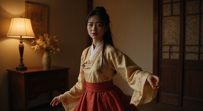 Een jonge vrouw danst in een traditionele, prachtig geborduurde hanbok.