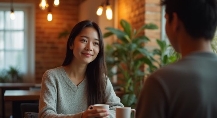 Een vrouw in een café heeft een levendig gesprek over een sexdate met Aziatische vrouwen tijdens een date.
