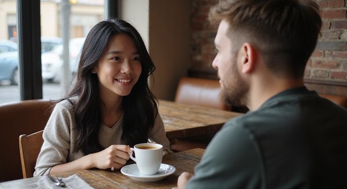 Twee mensen delen een intiem gesprek in een sfeervol café