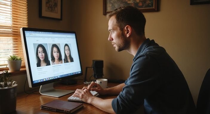 Een man kijkt aandachtig naar datingprofielen voor een sexdate met Aziatische vrouwen op zijn computer.