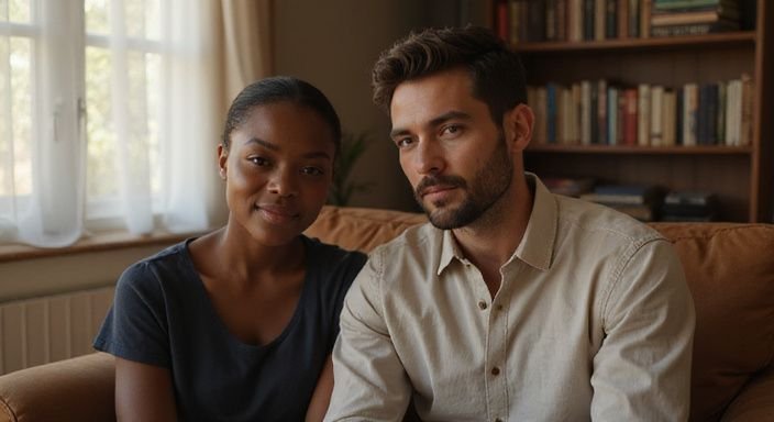 Een man en een vrouw delen een intieme, ontspannen sfeer in een kamer. Een man en een vrouw delen een intieme, ontspannen sfeer in een kamer.