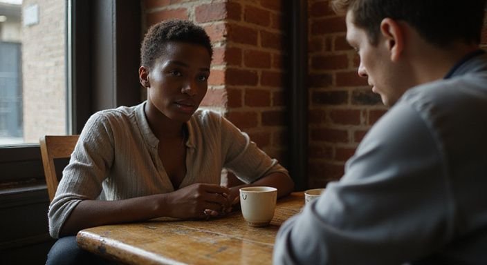 Twee mensen delen een intiem gesprek in een café. Twee mensen delen een intiem gesprek in een café.