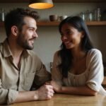 Een man en een vrouw delen een warme, intieme conversatie in een restaurant