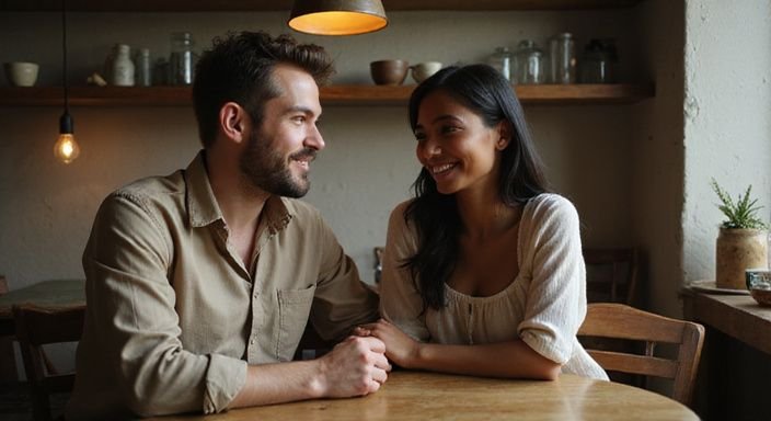 Een man en een vrouw delen een warme, intieme conversatie in een restaurant